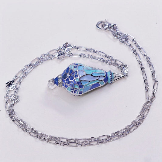 18”, BGE sterling 925 silver elongated chain necklace W teardrop enamel pendant