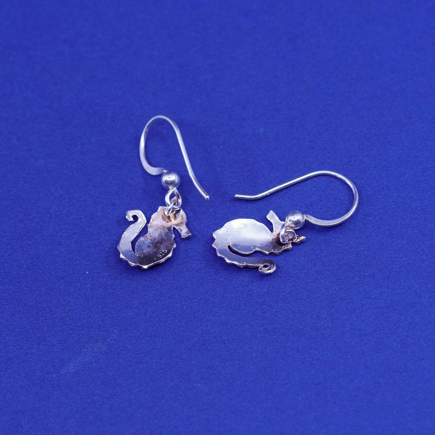 Vintage Sterling 925 silver handmade earrings, blue enamel seahorse