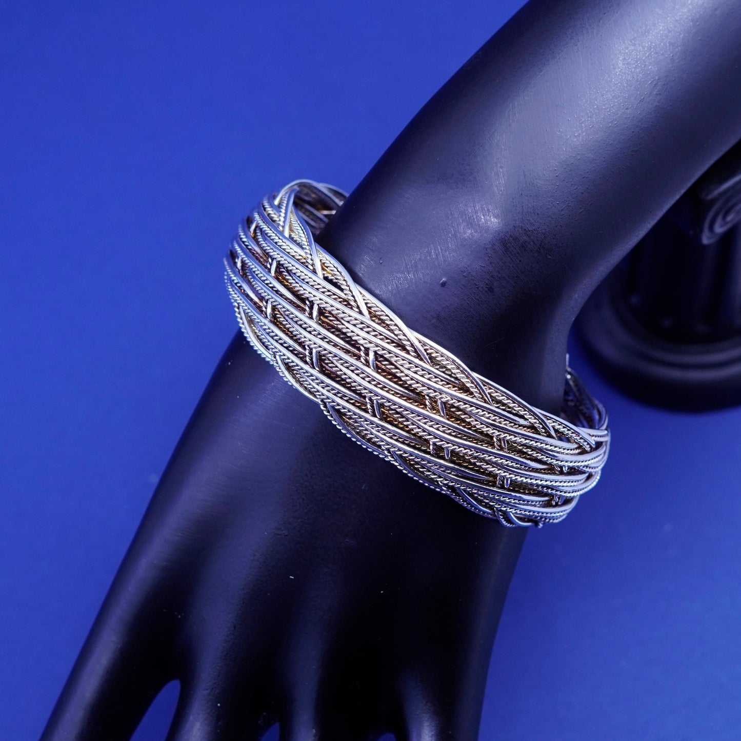 7”, vtg sterling silver handmade bracelet, wide 925 silver braided woven cuff