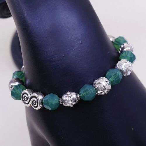 6”, Vtg Sterling Silver Handmade Bracelet, 925 Silver Toggle W/ Green Beads