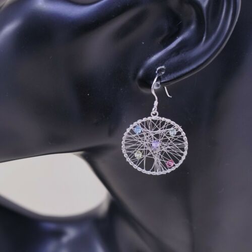 Vtg Handmade Wired 925 Sterling Silver Dangle Earrings W/ Crystal Details