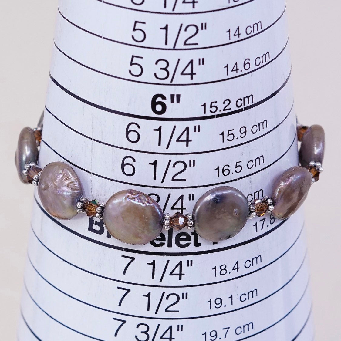6.75", VTG handmade silver Tone bracelet, purple grayish pearl beads w/ toggle