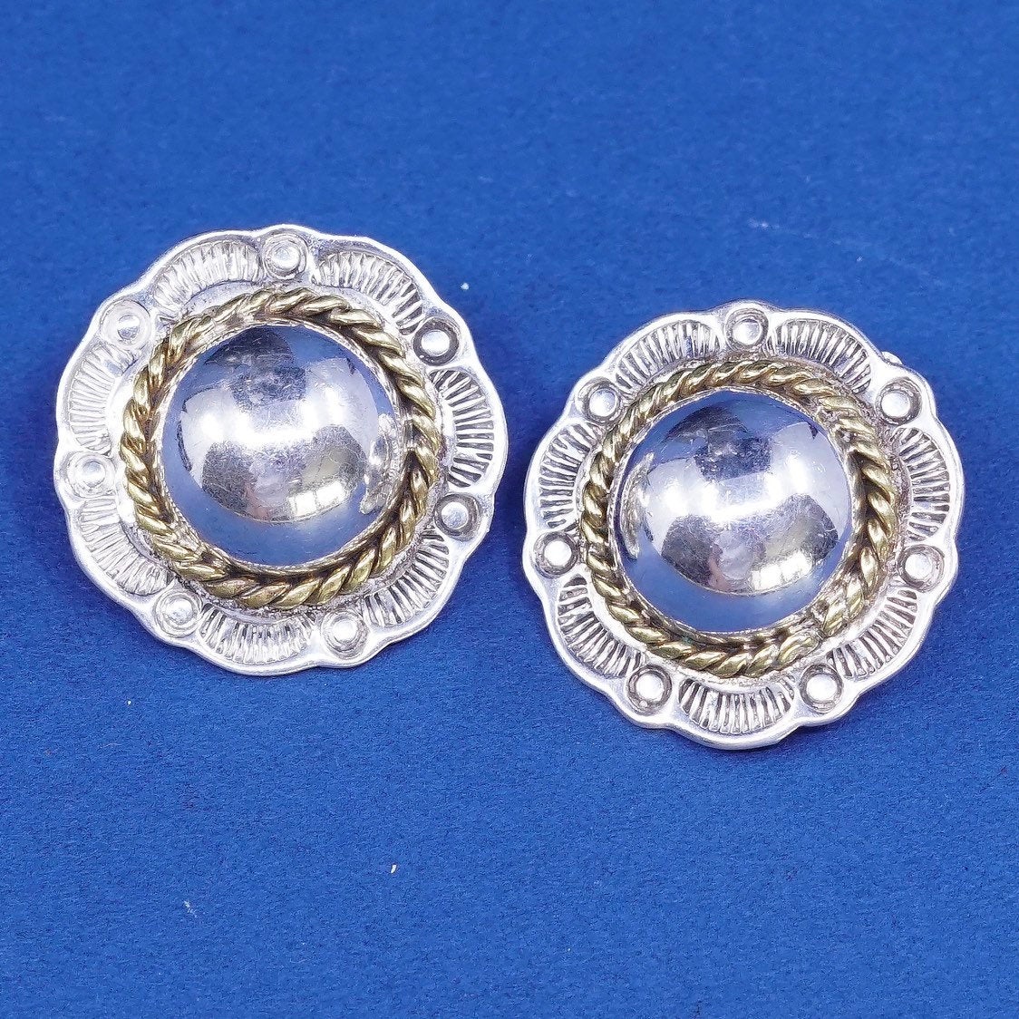 two tone Sterling silver handmade earrings, 925 flower clip on w/ brass cable