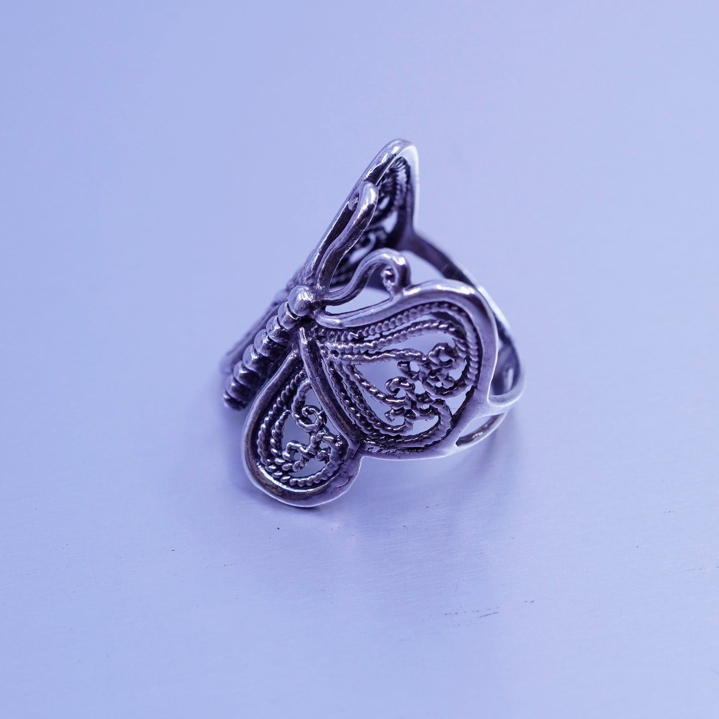 Size 6, vintage Sterling 925 silver handmade ring, filigree butterfly band