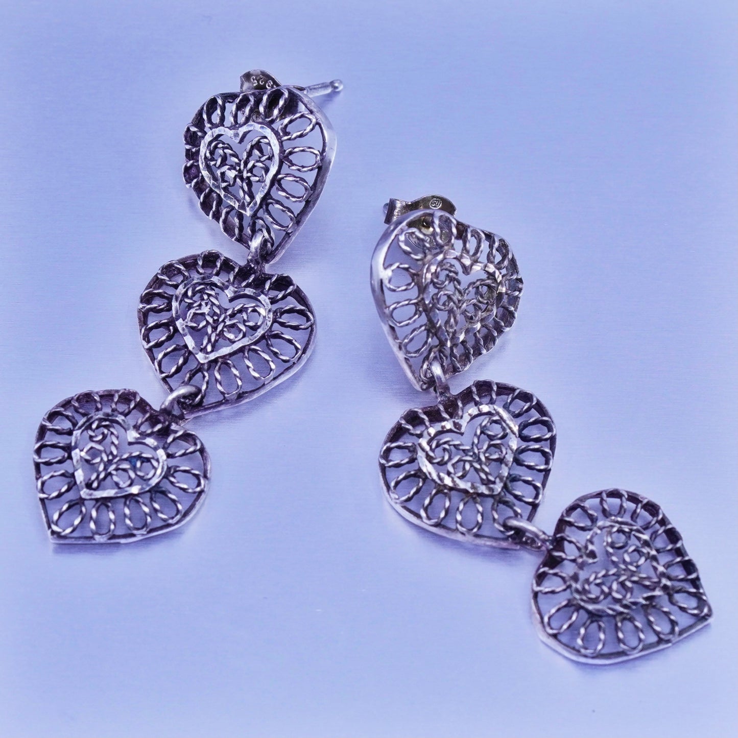 Vintage Sterling 925 silver handmade filigree heart earrings