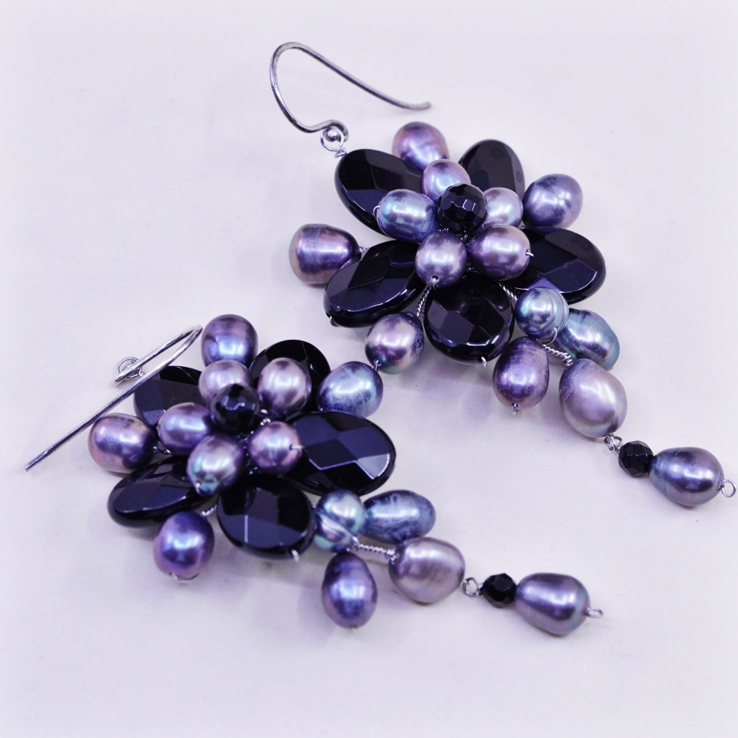 Vintage Soms Sterling 925 silver handmade earrings with flower pearl obsidian