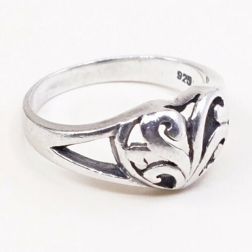 Size 6, Vtg Sterling Silver Handmade Ring, 925 Silver Band W/ Filigree Heart
