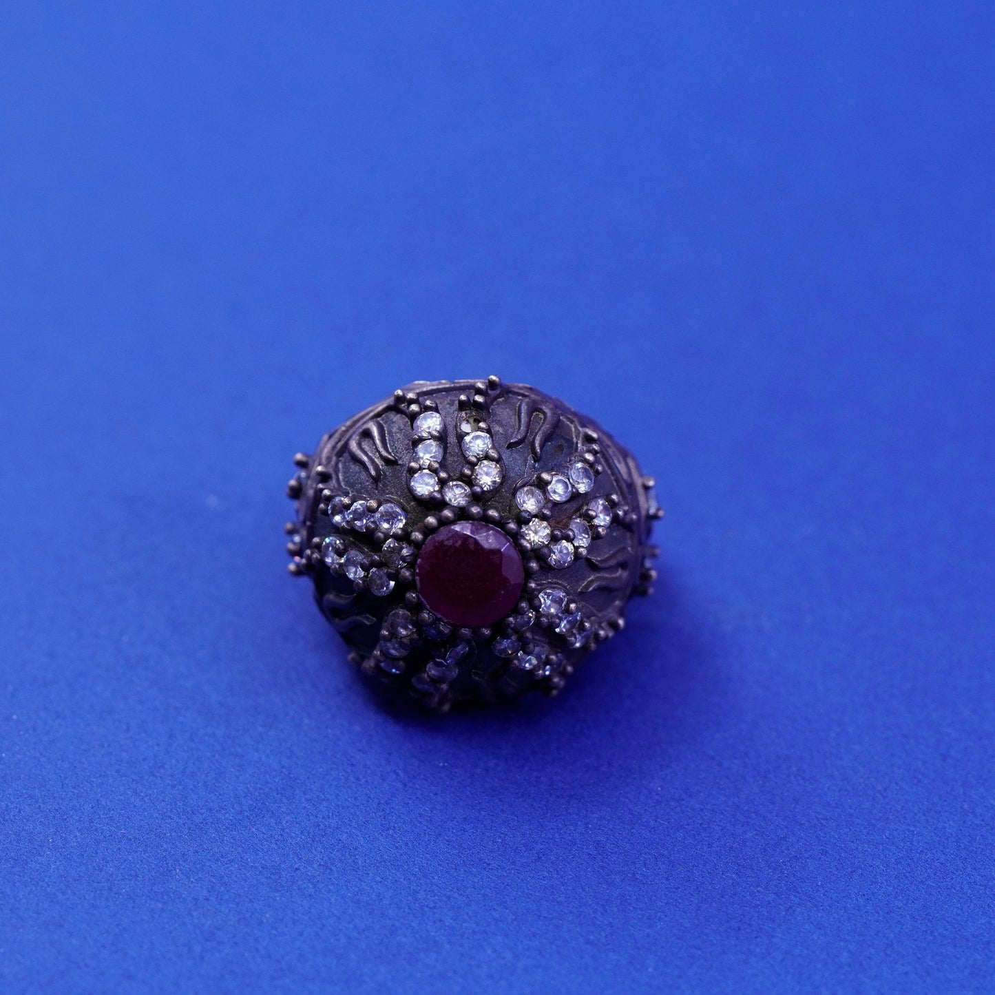 Size 6.25, vintage Sterling 925 silver handmade crown Statement ring ruby Cz