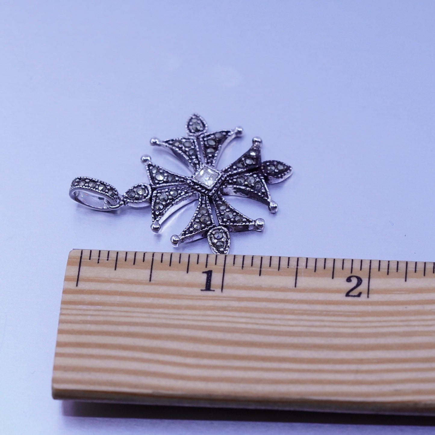 Antique silver tone cross pendant with Marcasite and cz