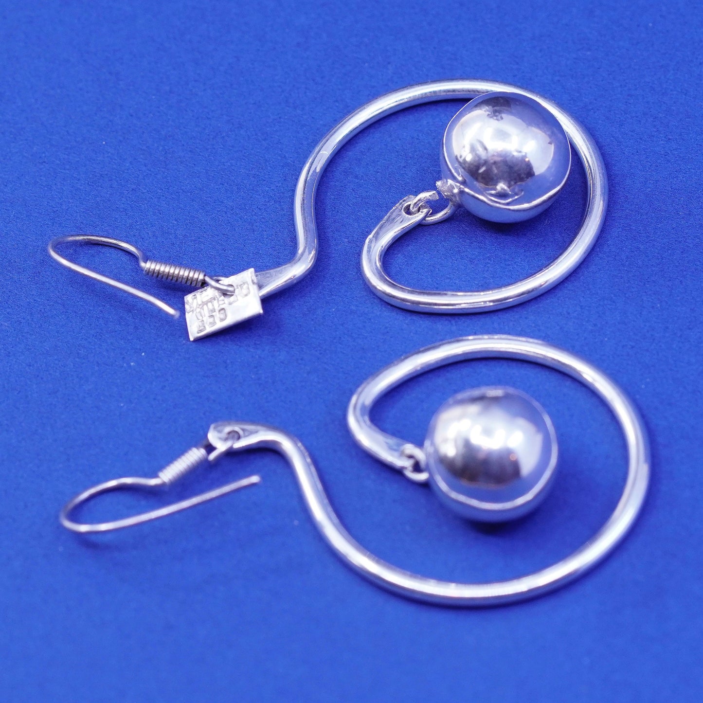 Vintage sterling silver handmade earrings, Mexico 925 swirly circles and beads