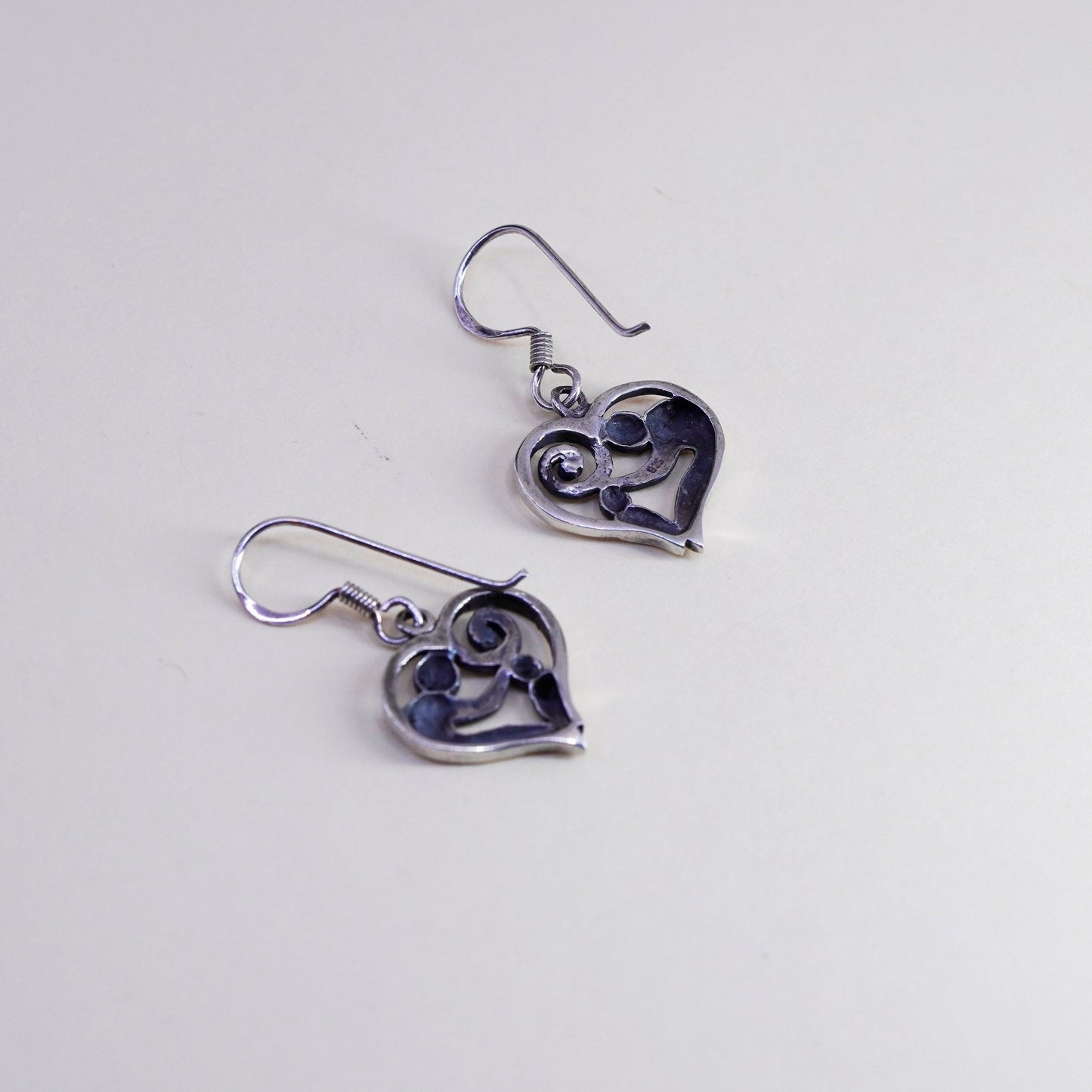 Vintage sterling 925 silver handmade motherhood heart earrings with mother baby