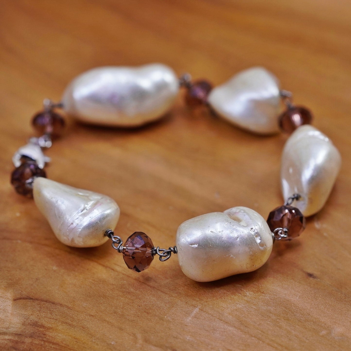 7.5”, Vintage Sterling 925 silver handmade bracelet, pearl nugget chain
