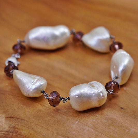 7.5”, Vintage Sterling 925 silver handmade bracelet, pearl nugget chain