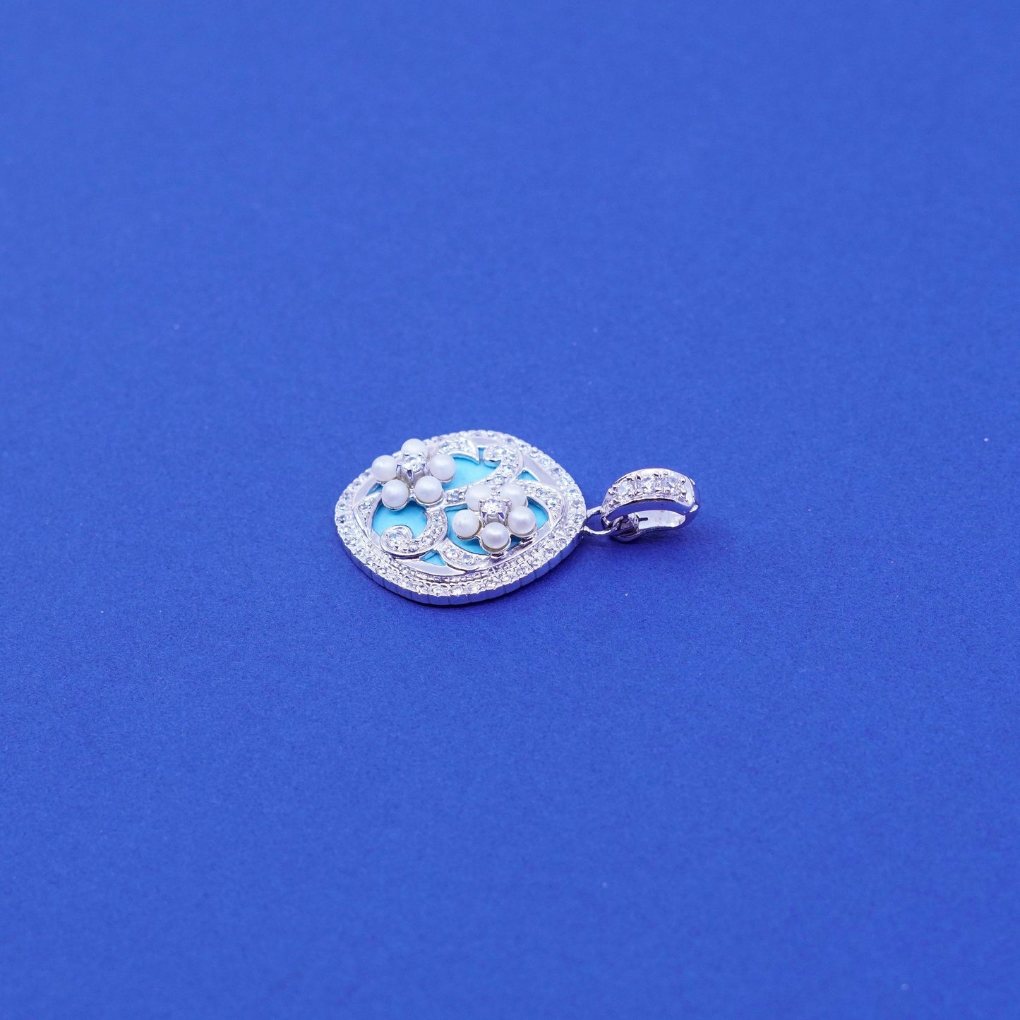 Vintage sterling 925 silver handmade pendant with pearl flower and turquoise Cz
