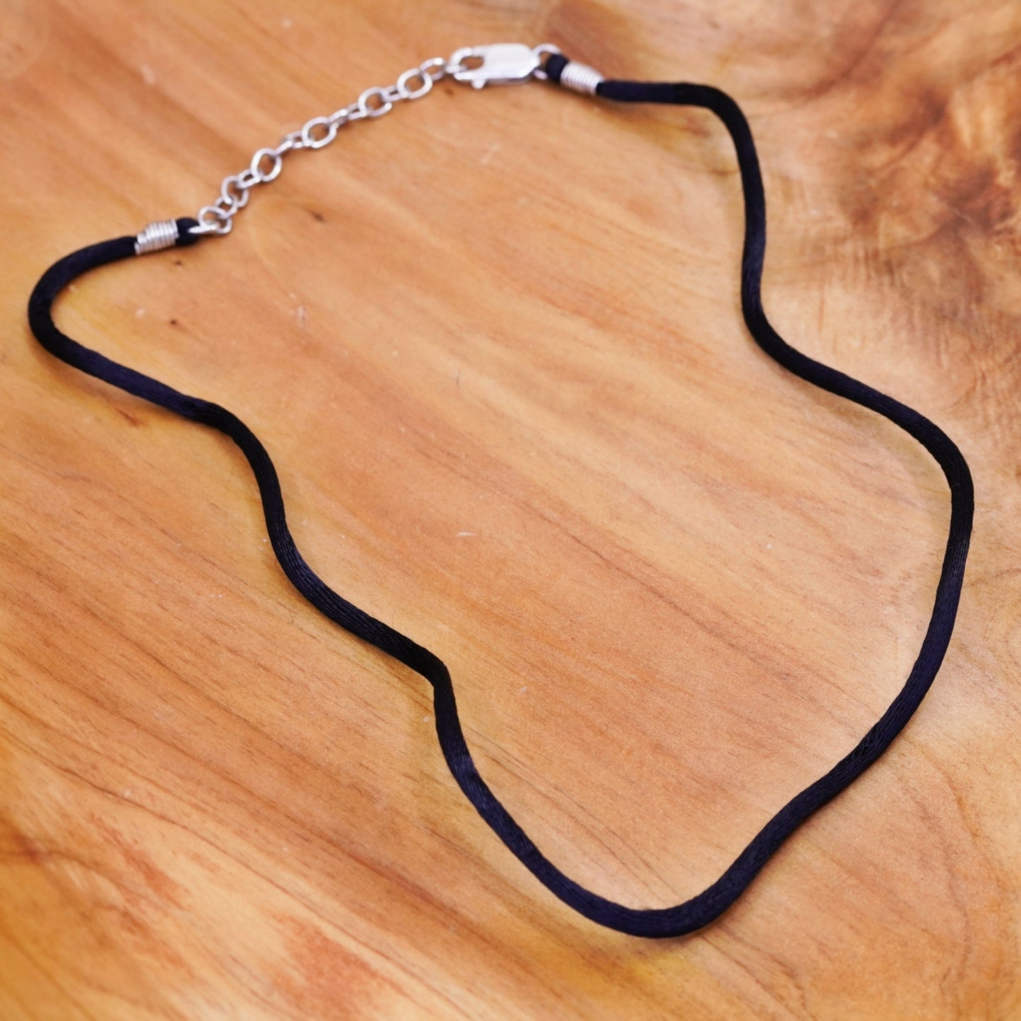 15+3”, handmade necklace, black silk thread choker with sterling silver clasp