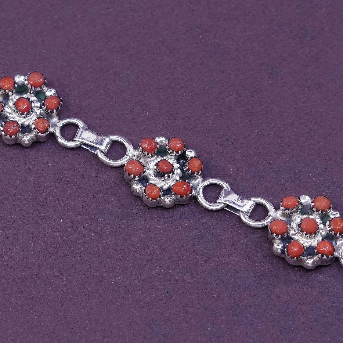 7.5", Native American Mary Sterling silver bracelet, navajo 925 flower w/ coral