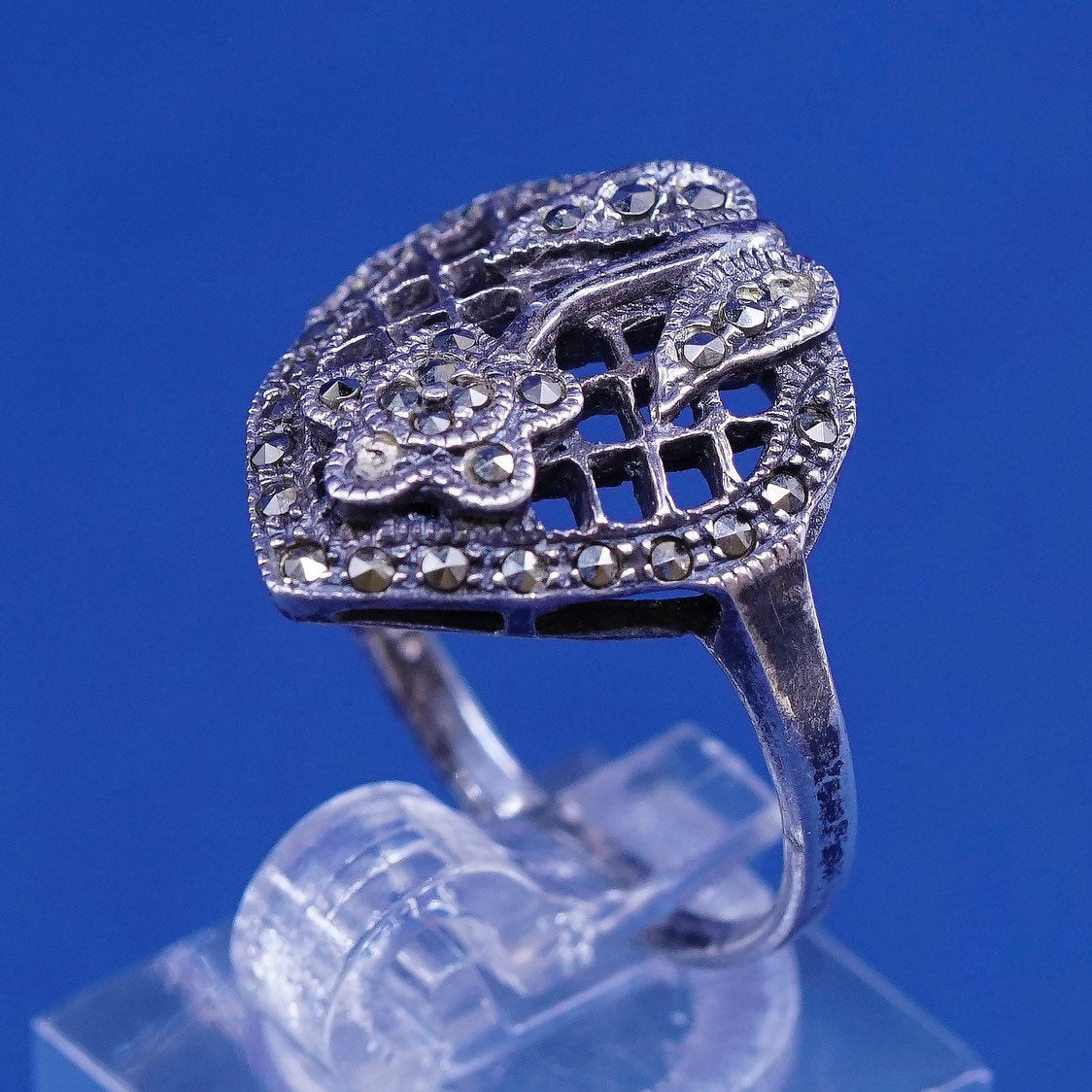sz 8.25, vtg Sterling silver handmade ring, 925 flower w/ marcasite