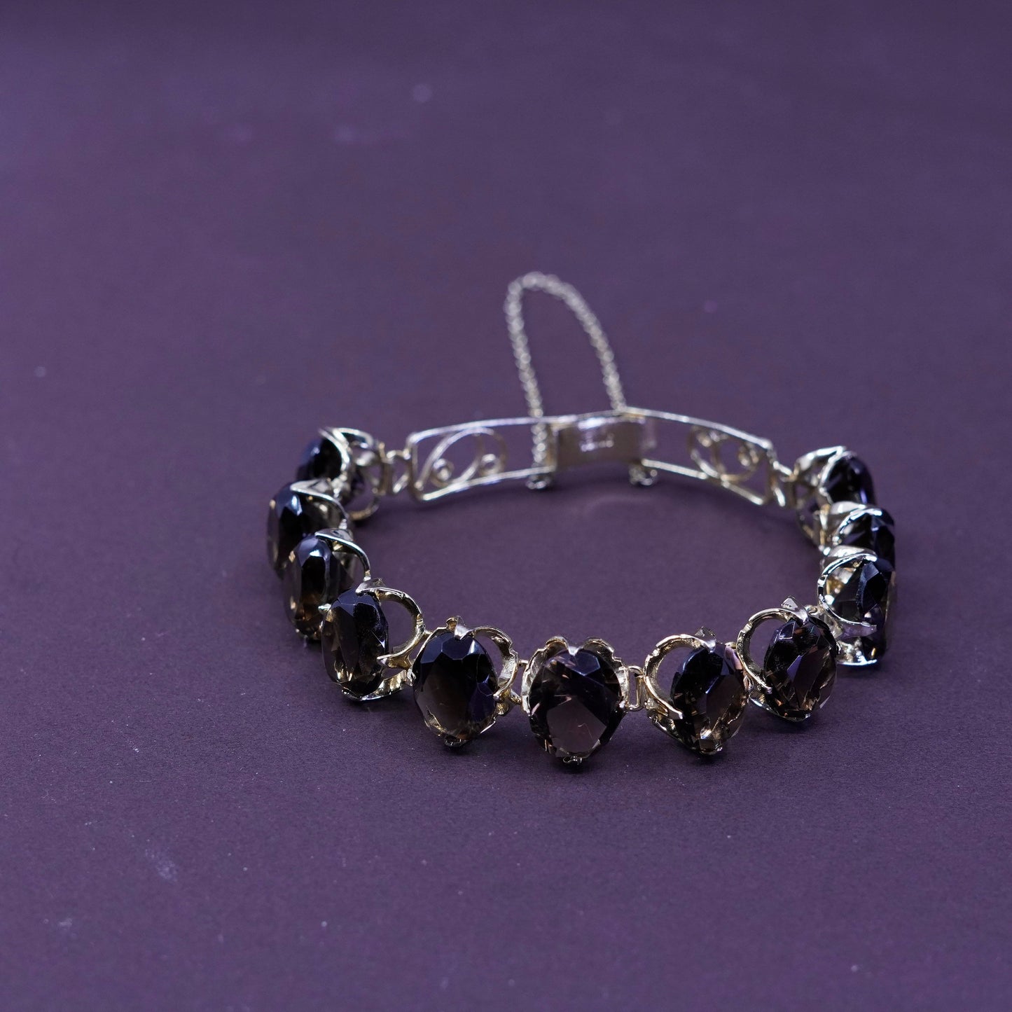 7”, vermeil gold over Sterling silver tennis bracelet, 925 chain w/ smoky topaz