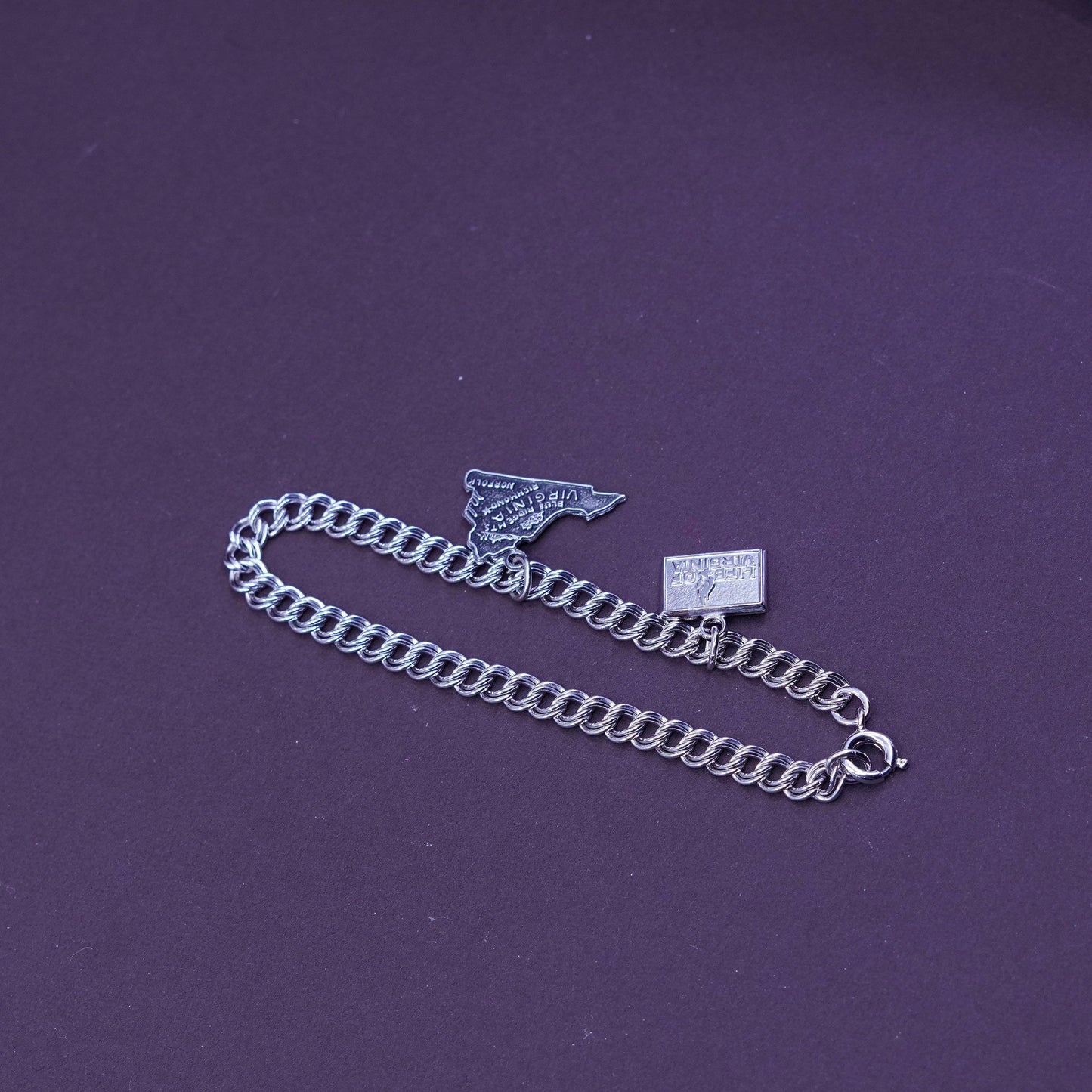 7.25”, vtg Sterling silver double curb chain, 925 bracelet w/ Virginia charms