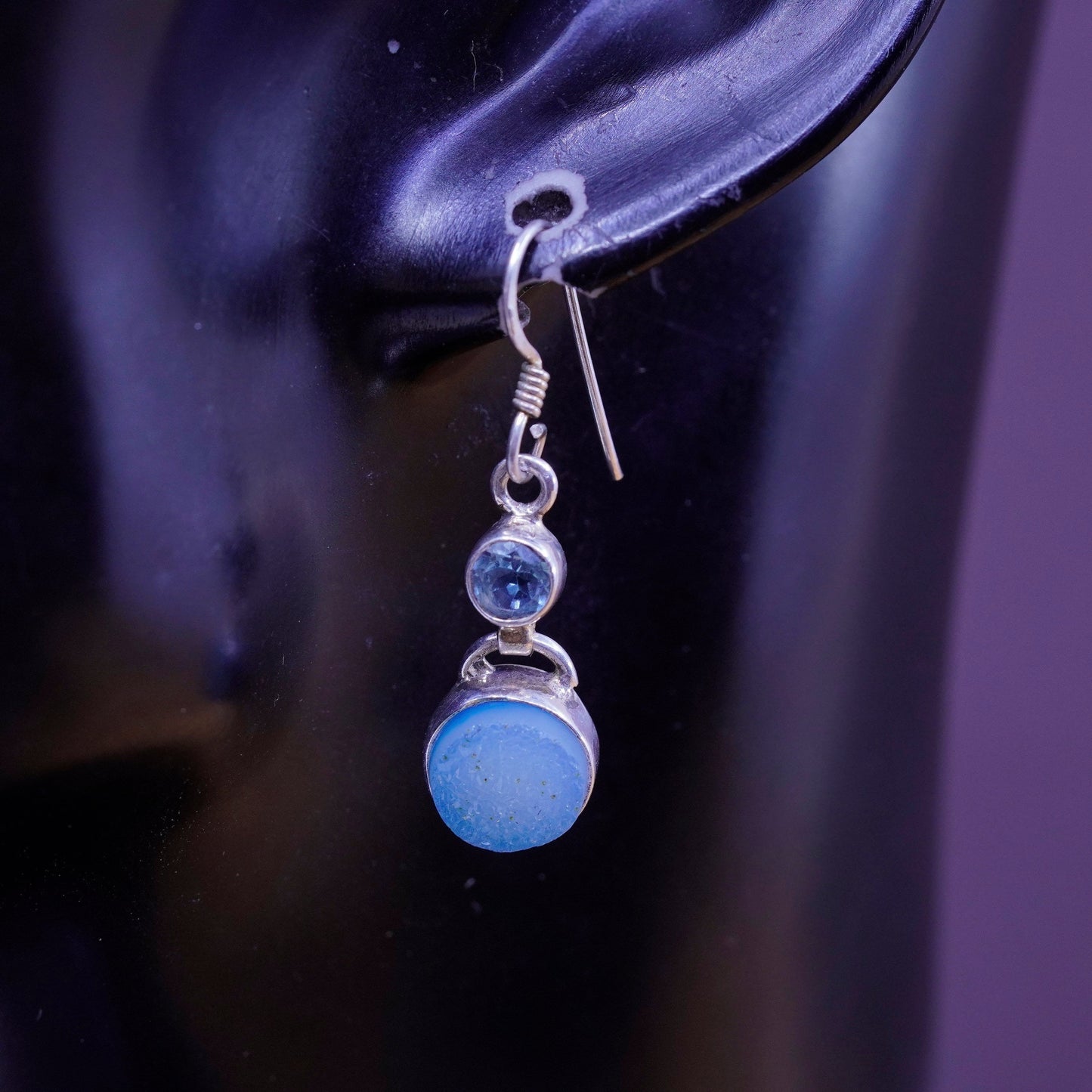 Vintage Sterling 925 silver handmade earrings with blue topaz and druzy