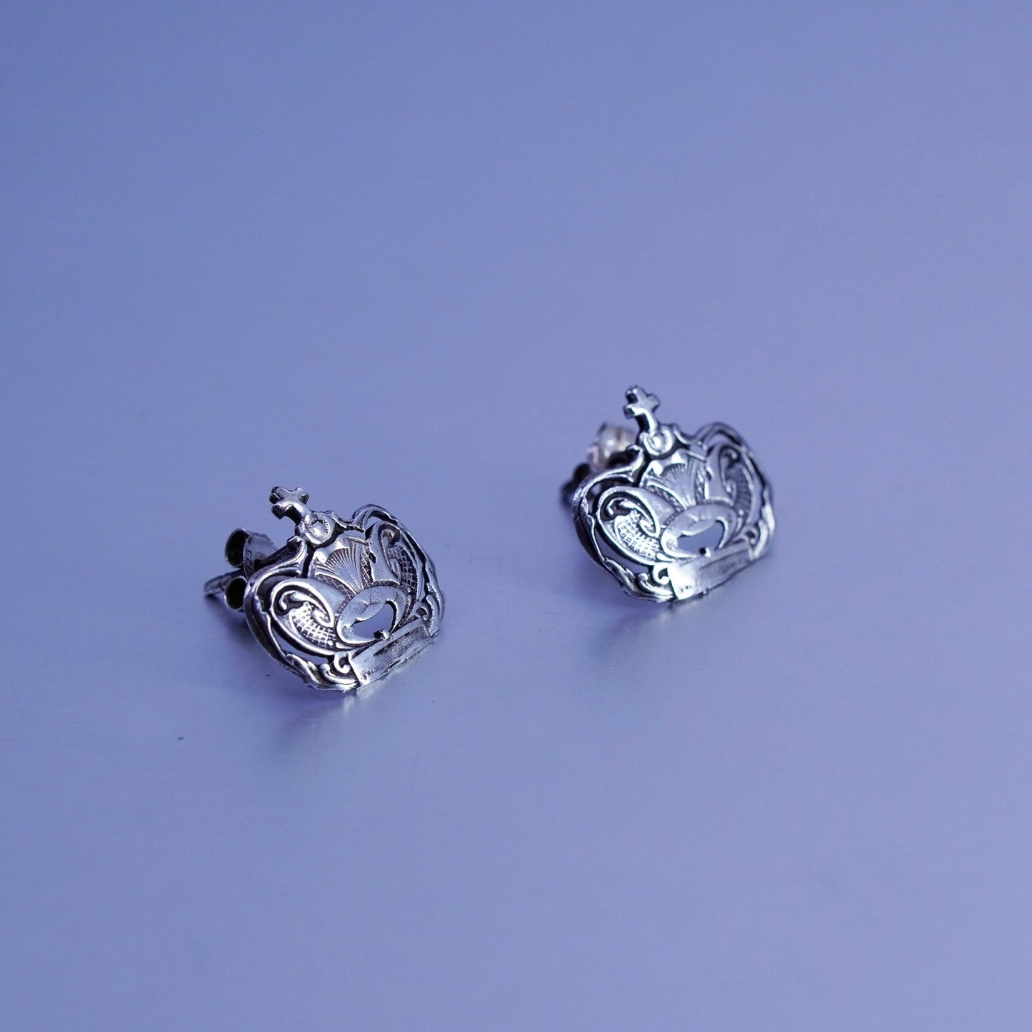 Vintage Sterling 925 silver handmade crown earrings, studs