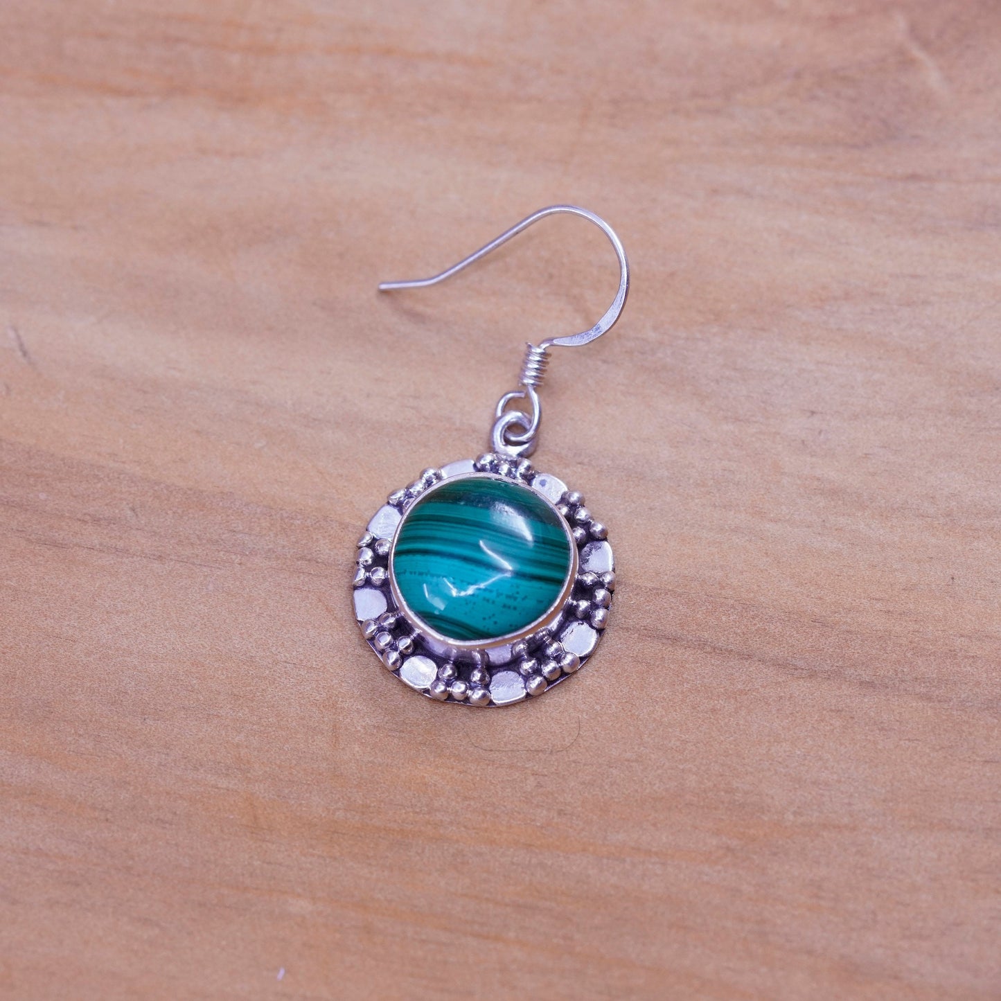 Vintage Sterling 925 silver handmade earrings with round malachite and beads