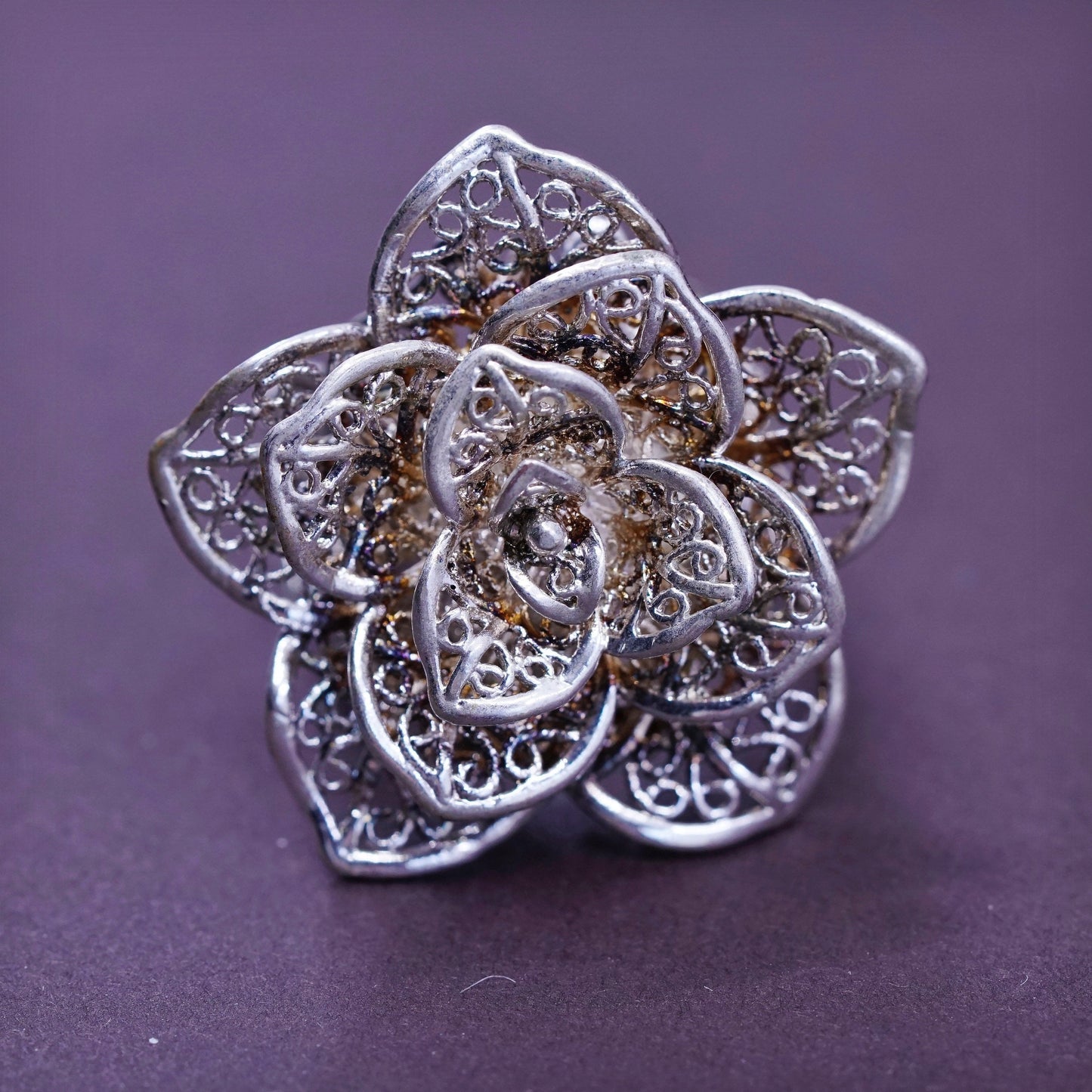 sz adjustable, vtg Sterling silver handmade cocktail ring, 925 filigree flower