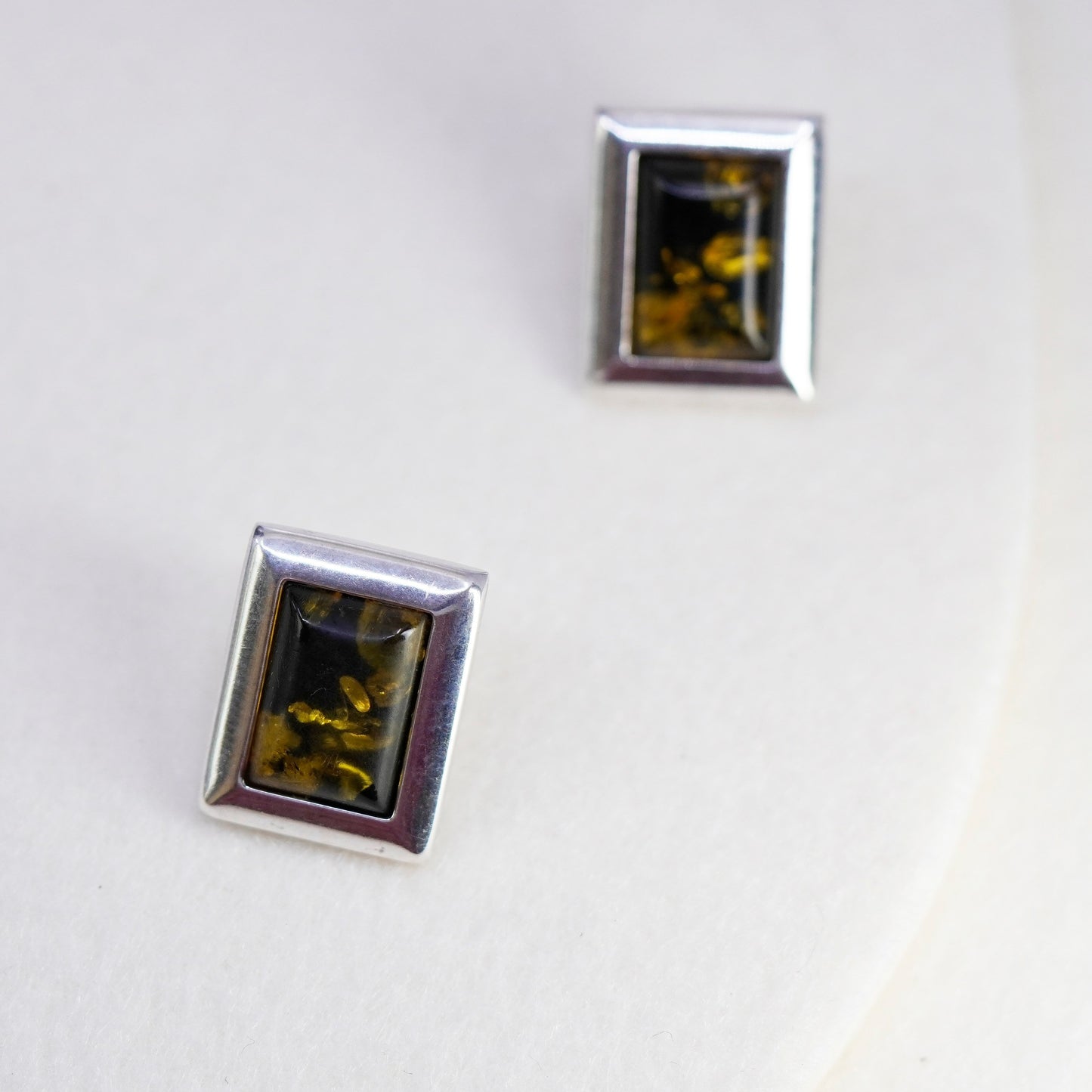 Vintage Sterling 925 silver handmade earrings, rectangular amber studs