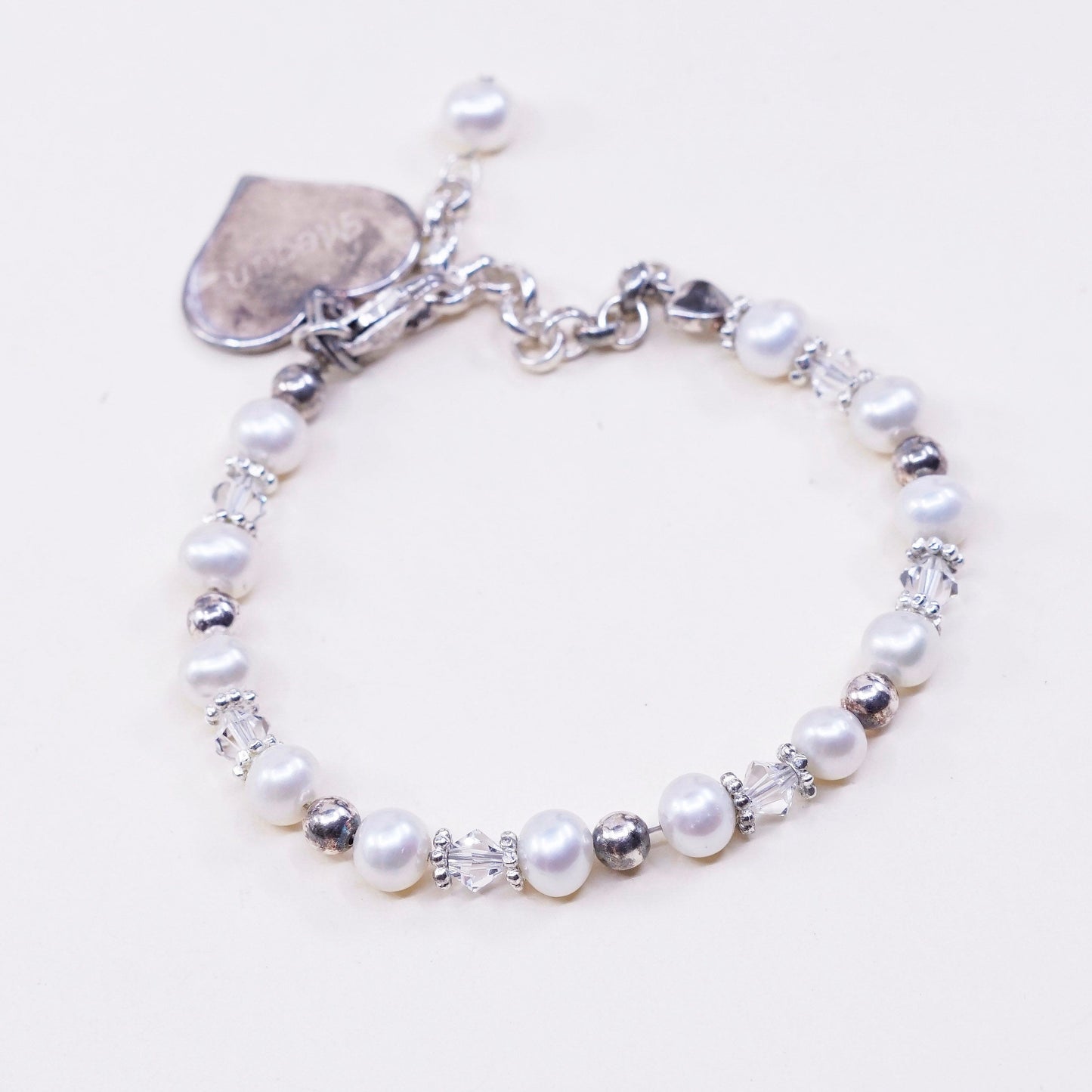 6”, vtg sterling 925 silver handmade bracelet, pearl beads w/ heart charm Megan