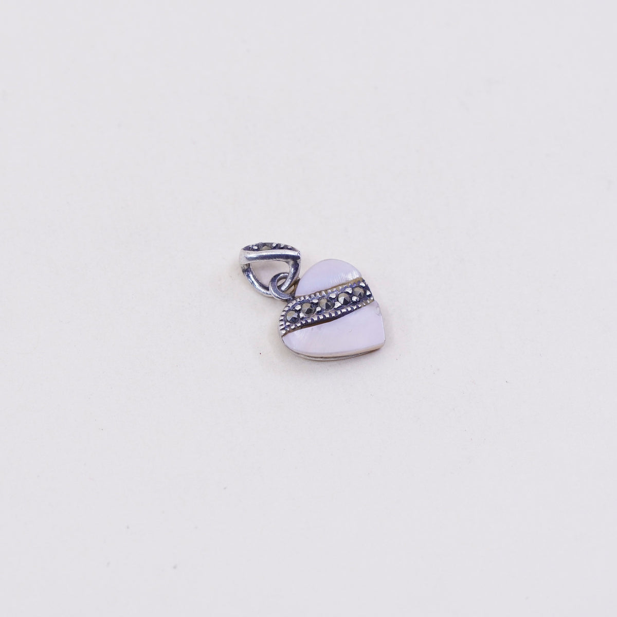vtg Sterling silver handmade pendant, 925 mother of pearl heart with marcasite