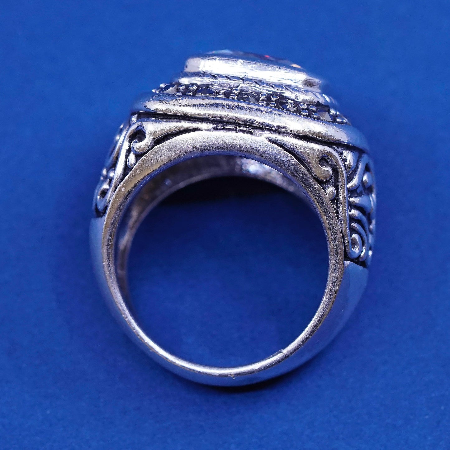 sz 7, vtg Sterling silver handmade statement ring, 925 w/ Cz N marcasite