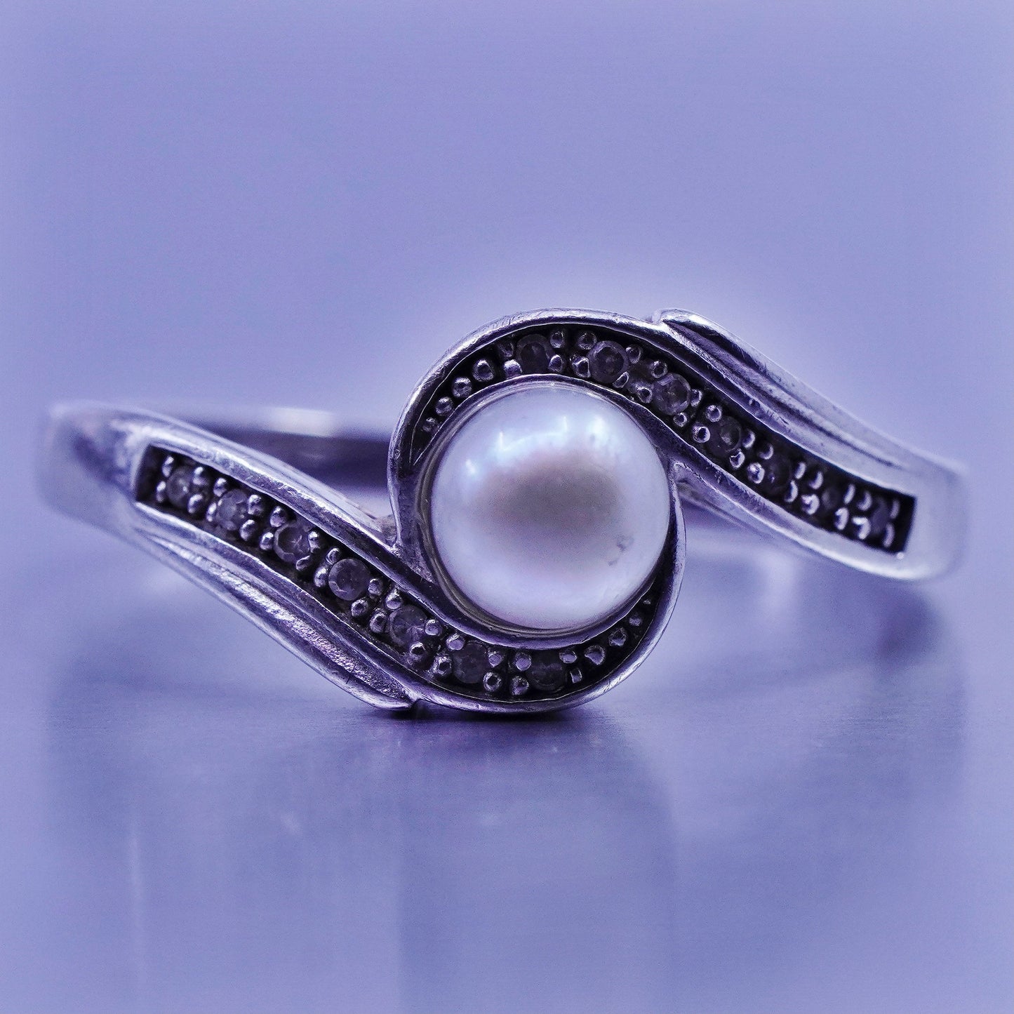 Size 10.5, vintage Sterling 925 silver handmade ring with pearl and diamond