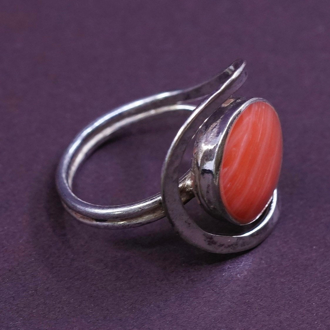 sz 4, VTG Sterling silver handmade ring, 925 with orange agate inlay