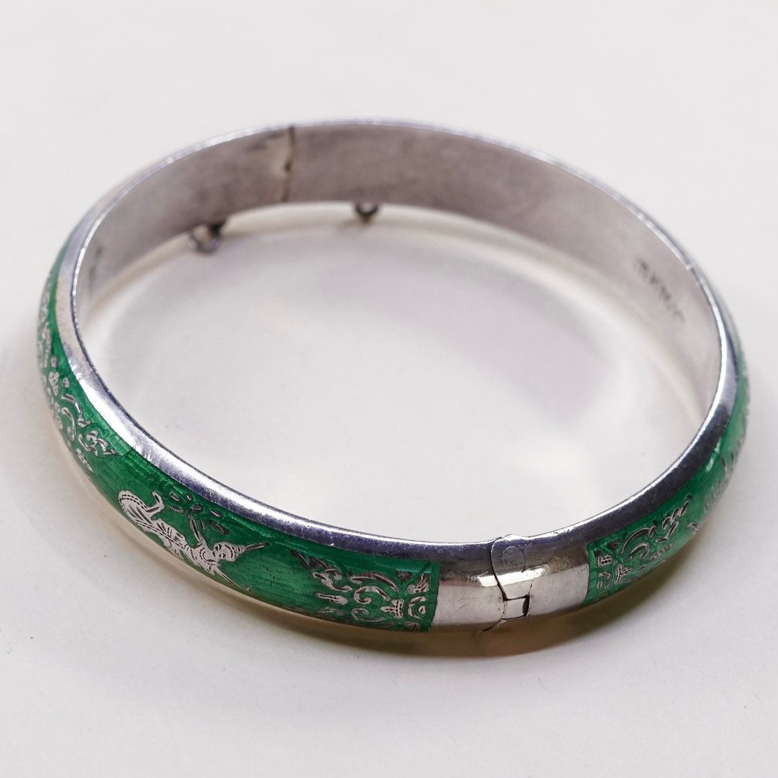 7.75", sterling silver story teller bangle, cuff, 925 bracelet w/ green enamel