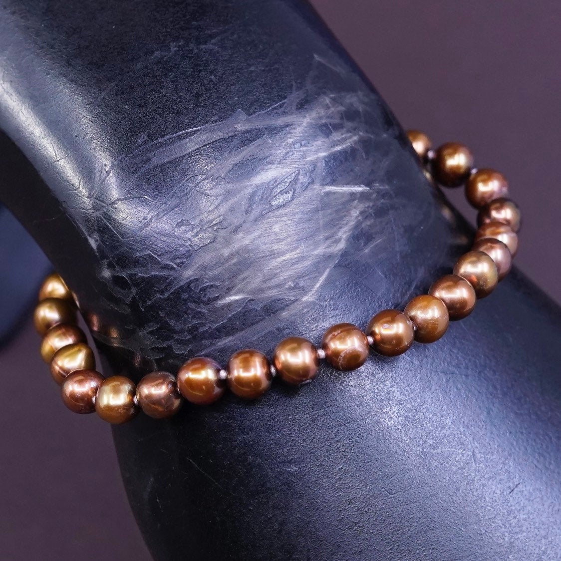 6.75”, vtg Sterling silver handmade bracelet, golden pearl chain w/ 925 clasp