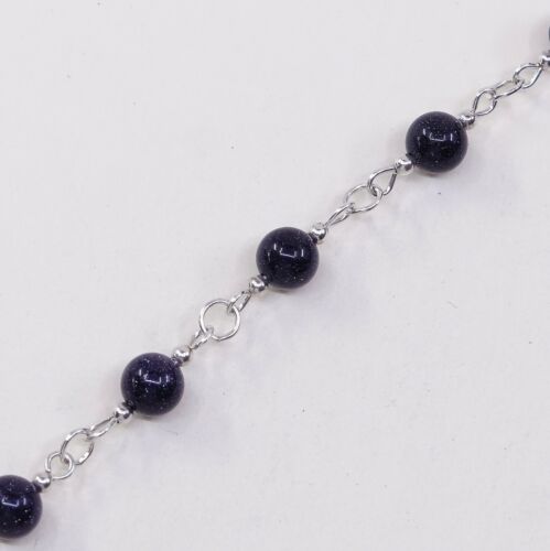 8”, Vtg Sterling 925 Silver Handmade Bead Bracelet, Purple Goldstone beads