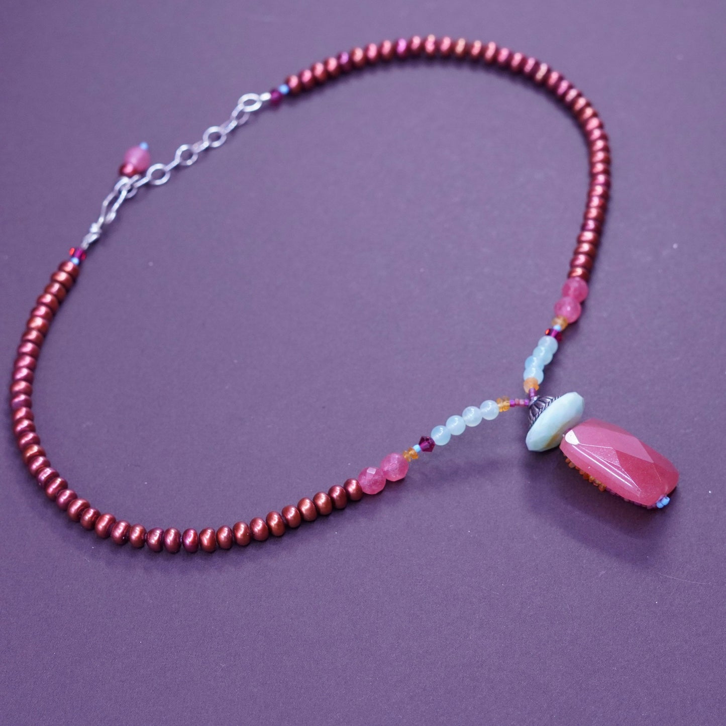 16+1.5” Vintage Sterling silver Handmade necklace w/ pearl rose quartz pendant