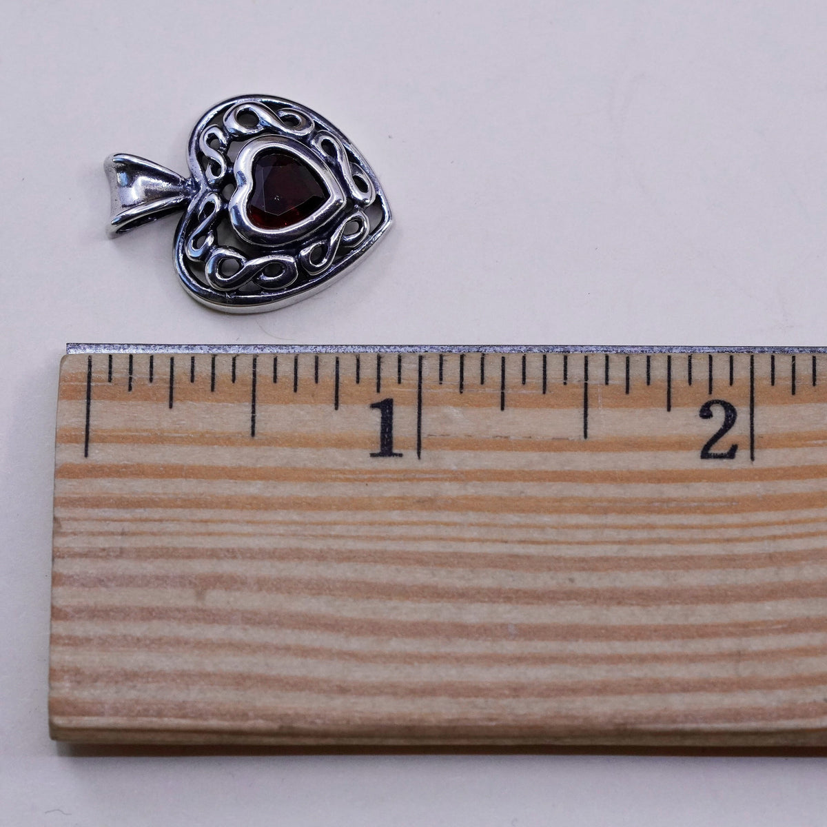 Vintage Sterling silver handmade pendant, 925 filigree heart with ruby