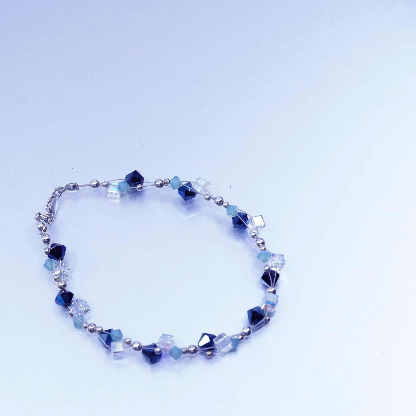 7.5”, vintage Sterling 925 silver bracelet with blue crystal beads