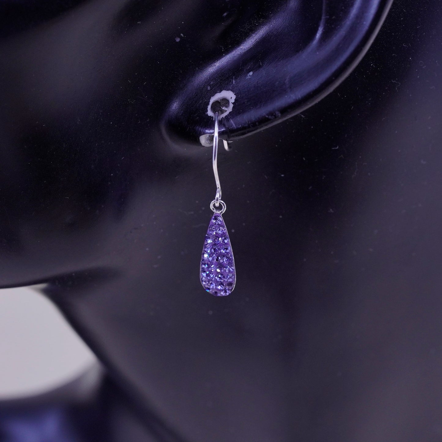 Vintage Sterling 925 silver handmade teardrop earrings with purple cluster cz