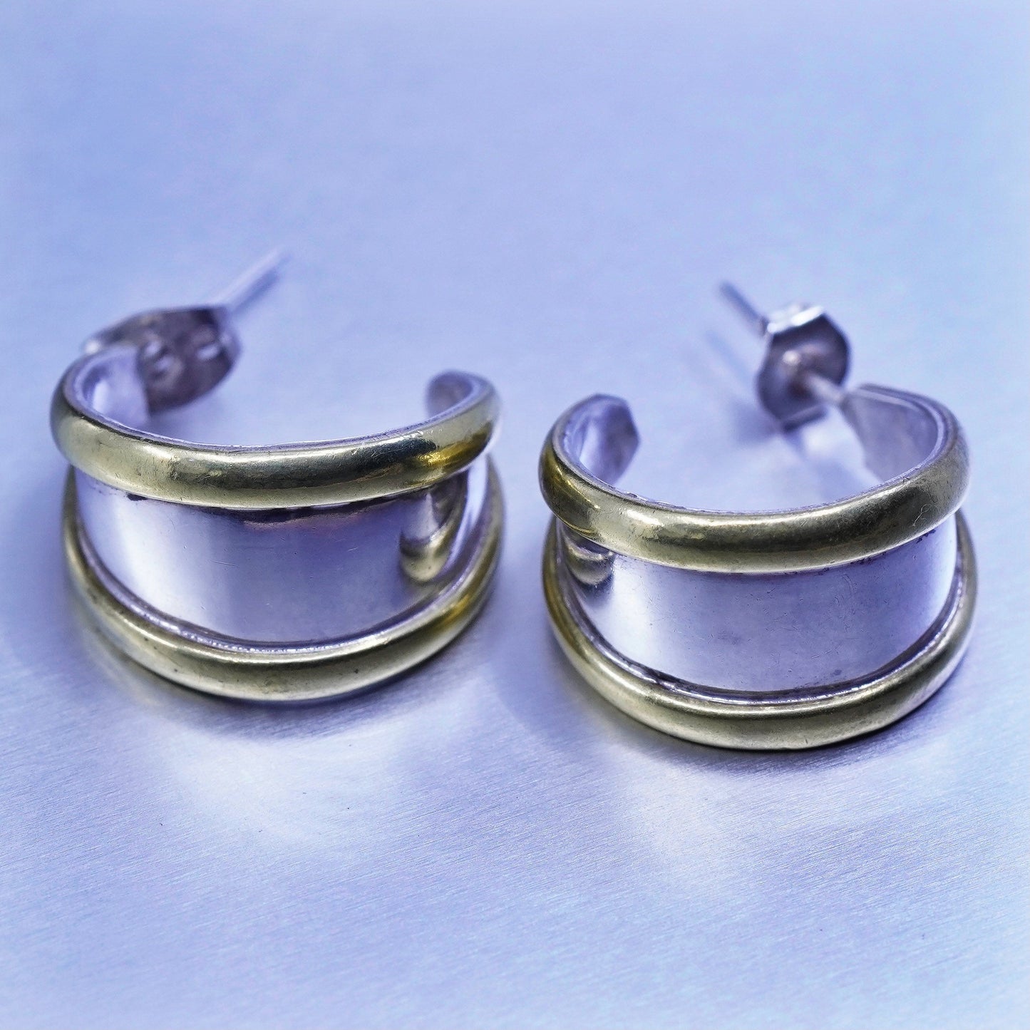0.75”, two tone Sterling silver earrings, modern 925 Huggie hoops brass trim