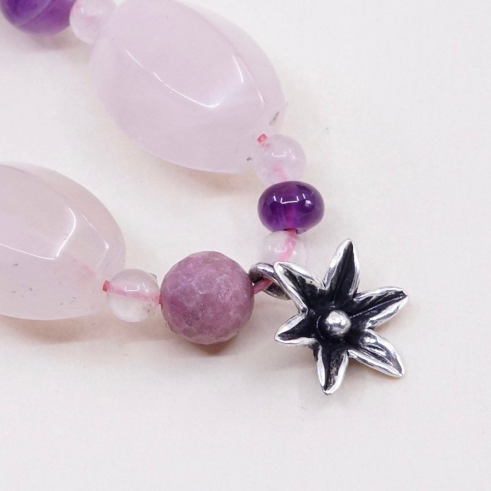 7.5”, Sterling silver handmade bracelet, 925 flower charm w/ rose quartz beads