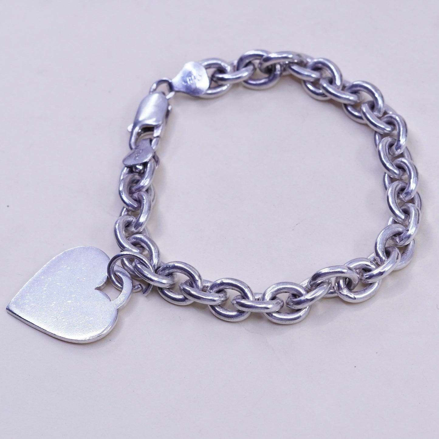 6.75”, Vintage sterling silver circle link bracelet, 925 chain with heart charm