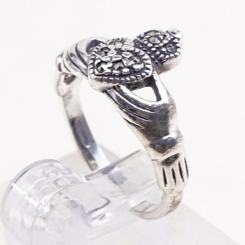 Sz 4, Vtg Solvar Sterling Silver Handmade Ring, 925 claddagh Heart W/ Marcasite