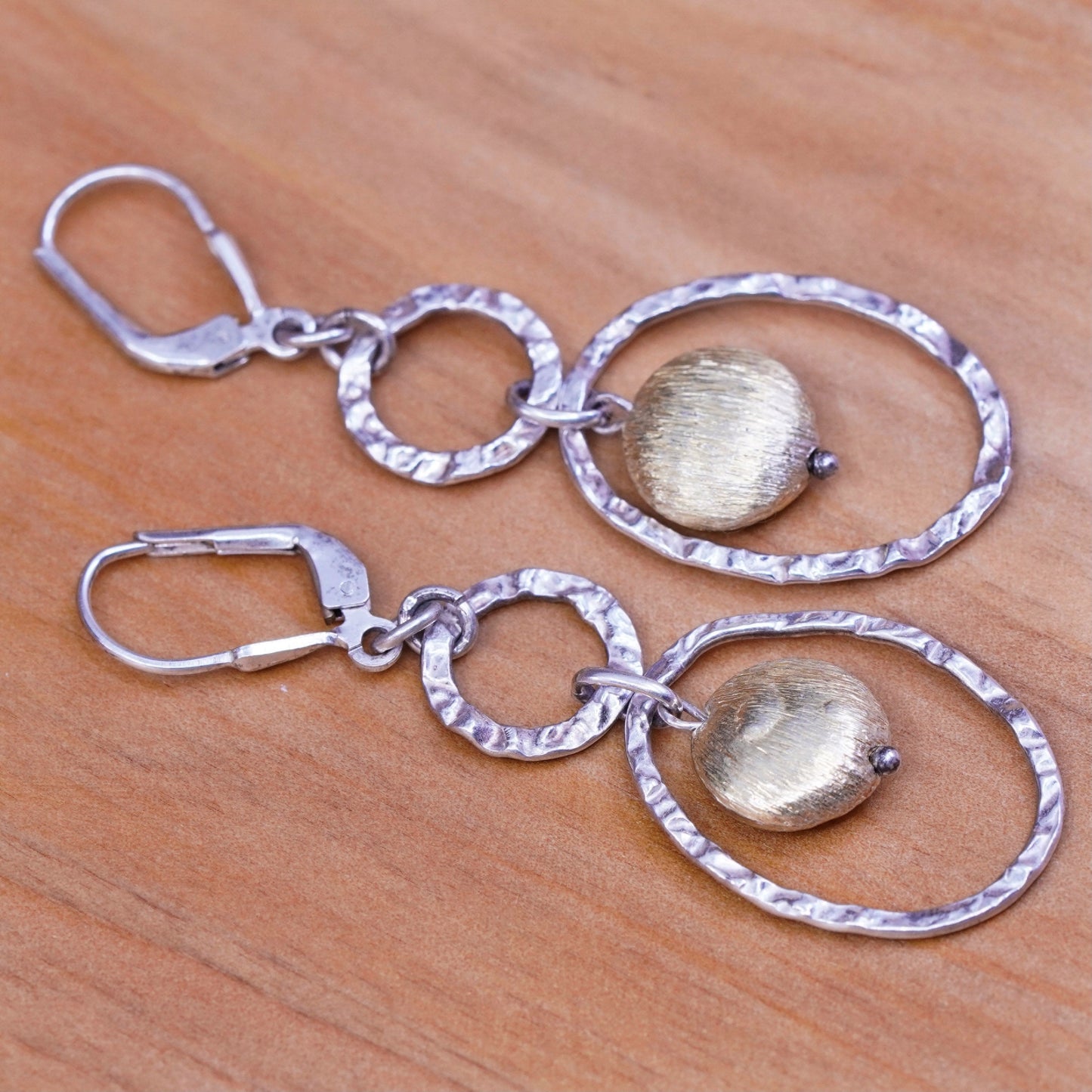 two tone Sterling 925 silver handmade circle earrings with brass bead dangles