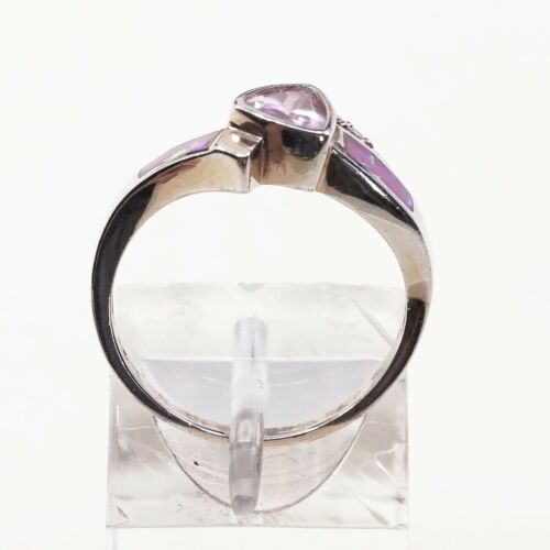 Sz 7.25, Vtg Sterling 925 Silver Ring W/ Pink Heart Cz N Opal Inlay, Stamped 925