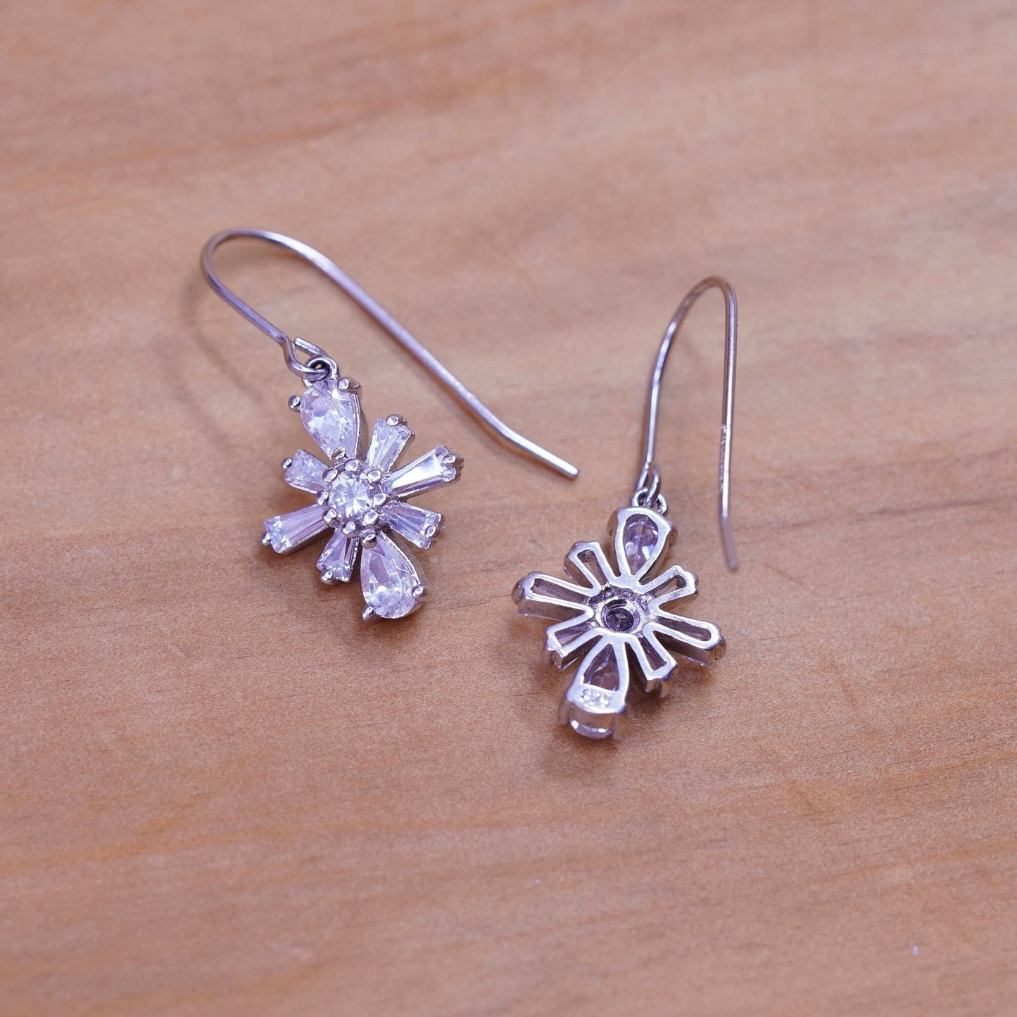 Vintage Sterling silver handmade earrings, 925 snowflake drops with cz