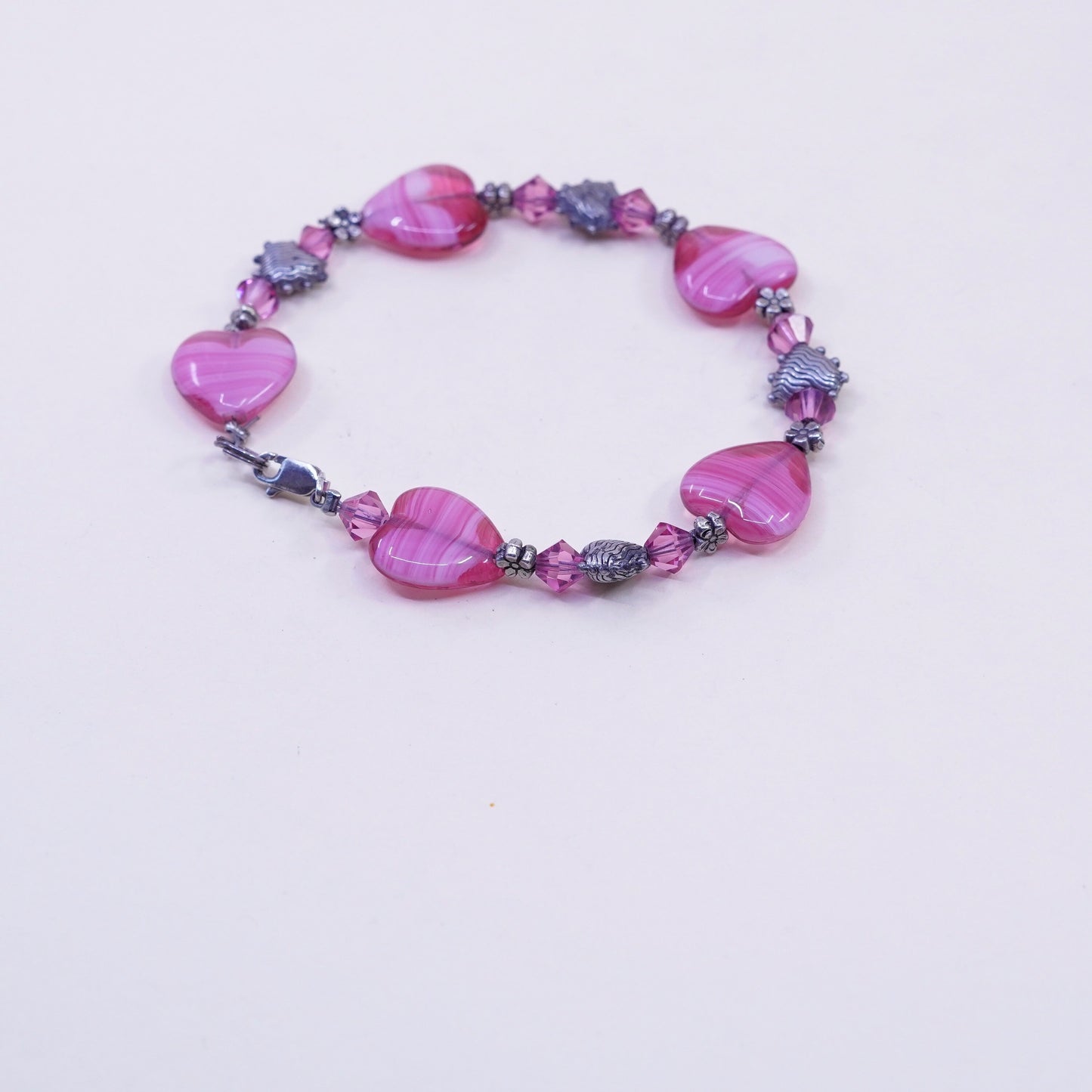 7.75”, vintage 925 Sterling silver beads bracelet w/ artisan pink glass heart