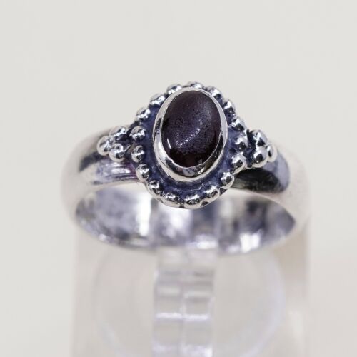Sz 6.5, Vtg Sterling Silver Handmade Ring, 925 Band W Garnet N Bali Beads