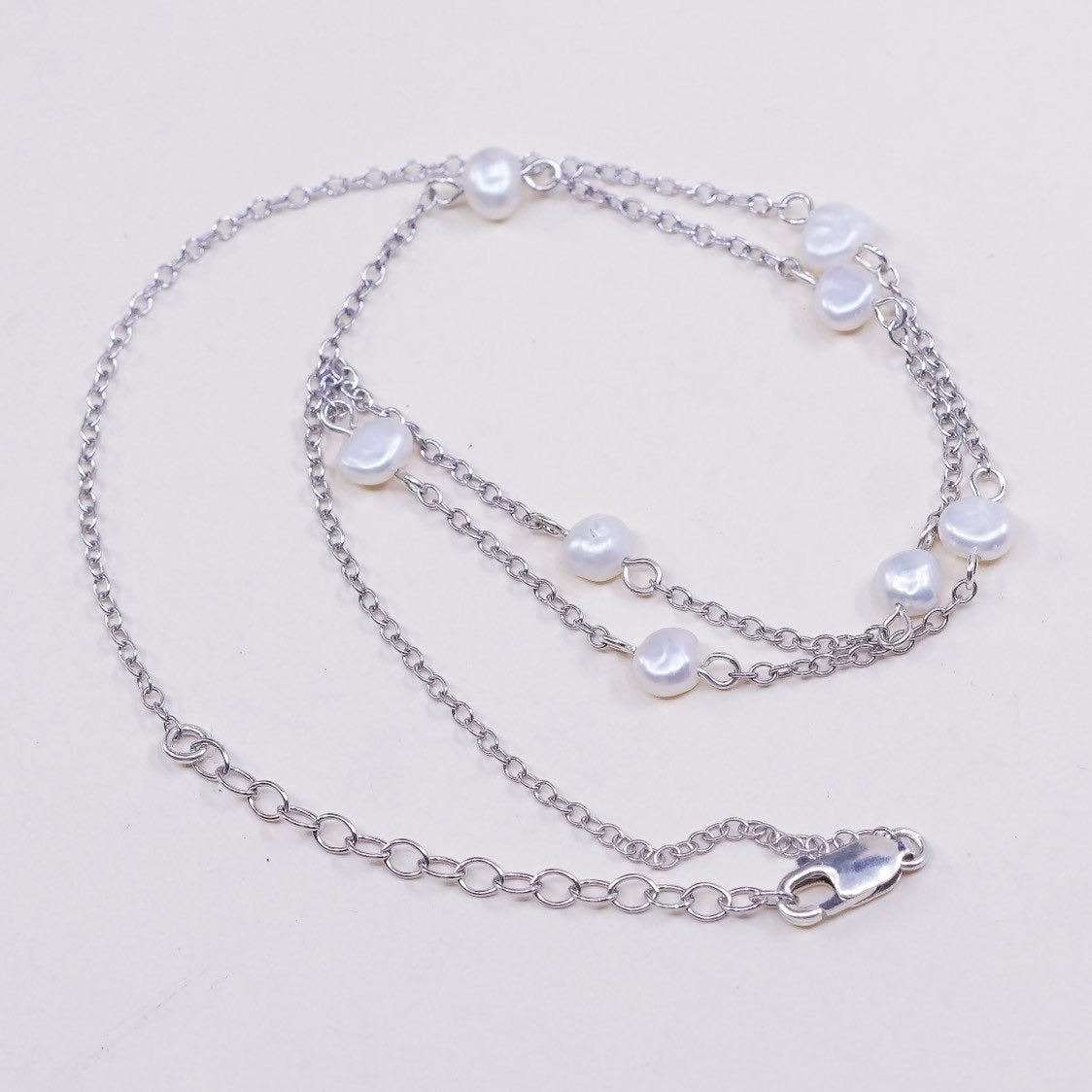 16+2", vtg handmade Sterling silver Circle link chain with pearl beads